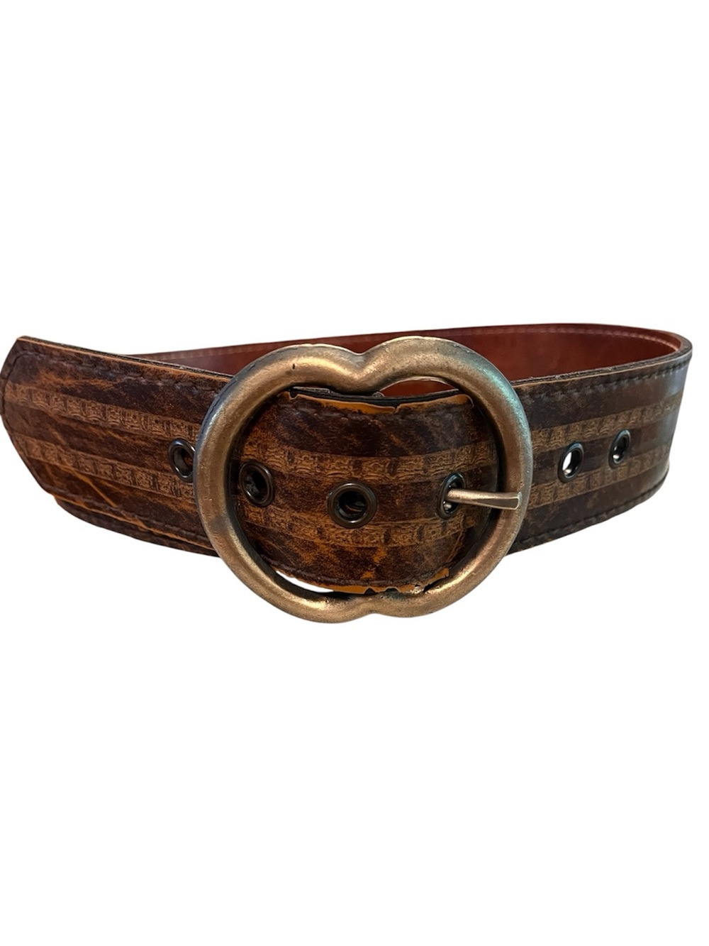 Vintage Brown Leather Belt with Unique Antiqued Brass Buckle size M